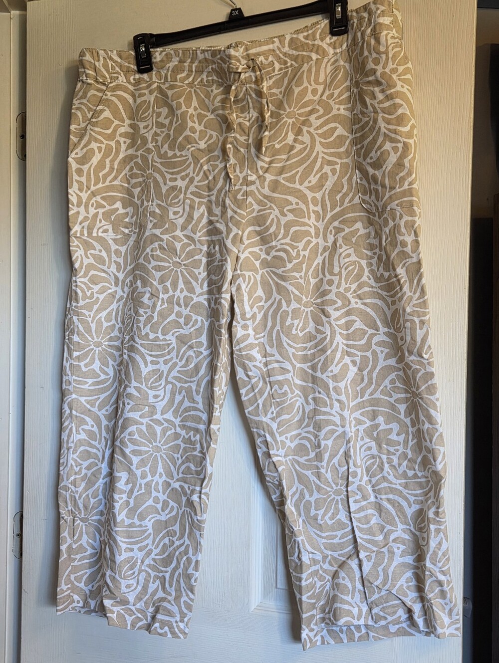 Women's Beige Floral Print Linen-Blend Pants